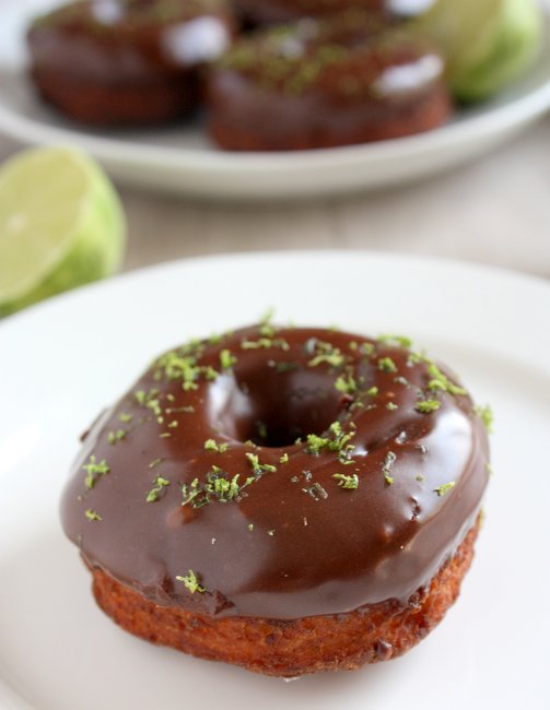 lime cake doughnuts with chocolate glaze