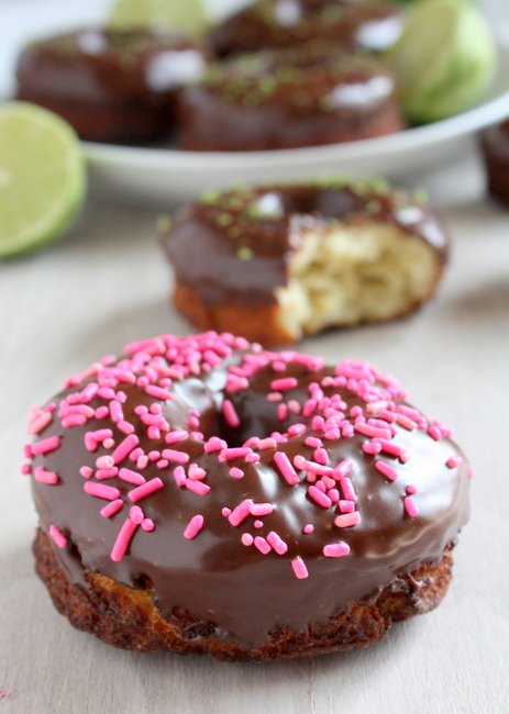 lime cake doughnuts with chocolate glaze