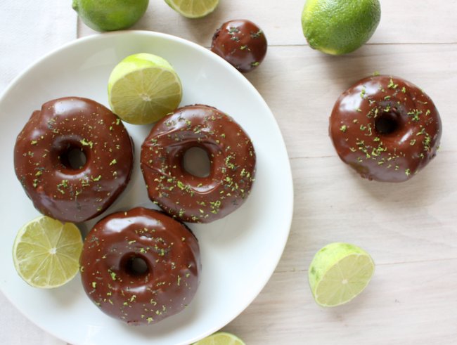 lime cake doughnuts with chocolate glaze