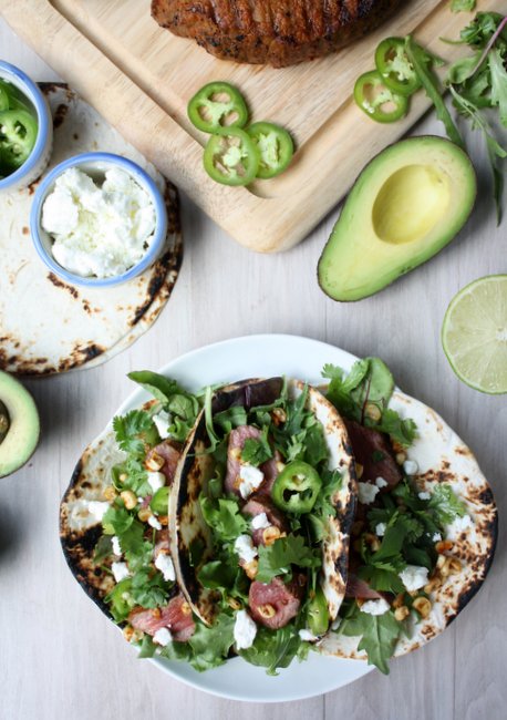 steak tacos with charred corn and goat cheese