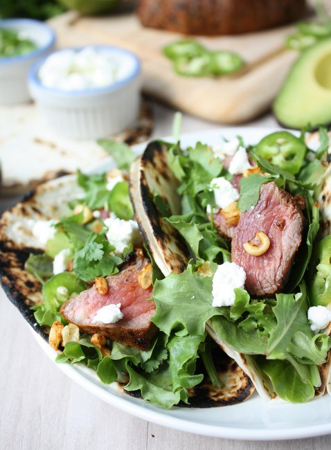 steak tacos with charred corn and goat cheese