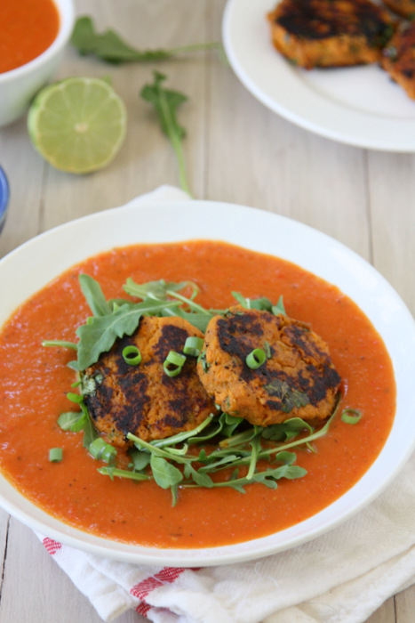 Sweet Potato Cakes with Spicy Coconut Tomato Sauce