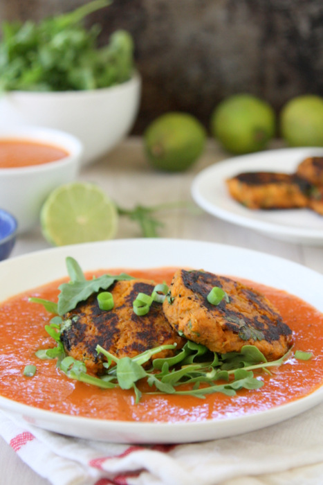 Sweet Potato Cakes with Spicy Coconut Tomato Sauce