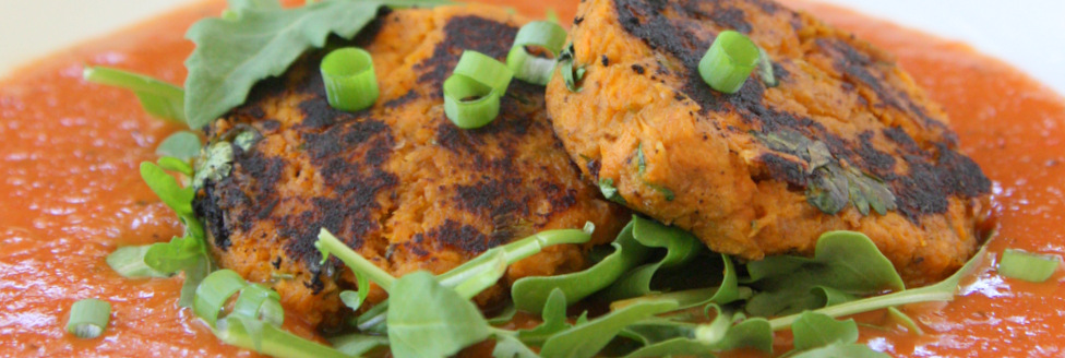 Sweet Potato Cakes with Spicy Coconut Tomato Sauce