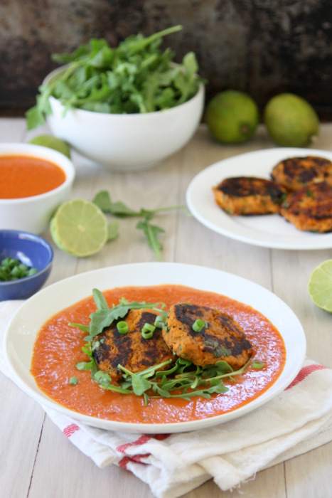 Sweet Potato Cakes with Spicy Coconut Tomato Sauce