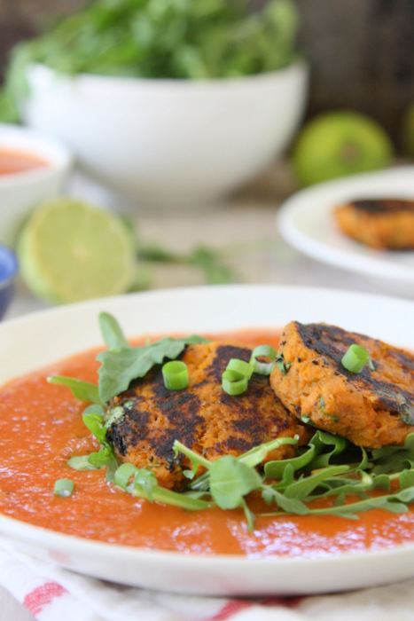 Sweet Potato Cakes with Spicy Coconut Tomato Sauce