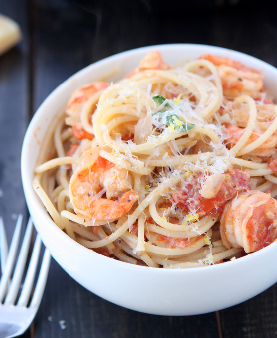 Creamy Tomato Pasta with Lemon Shrimp | thekitchenpaper.com