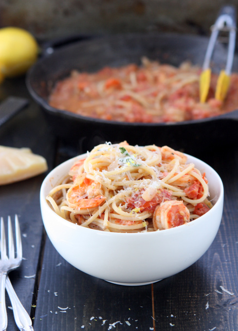 Creamy Tomato Pasta with Lemon Shrimp | thekitchenpaper.com