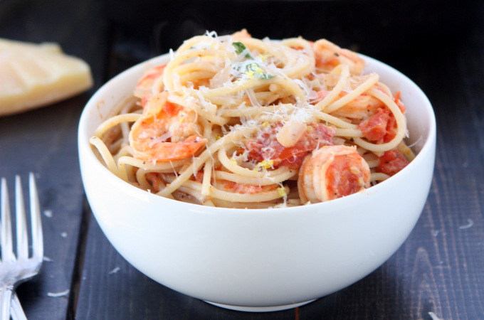 Creamy Tomato Pasta with Lemon Shrimp | thekitchenpaper.com