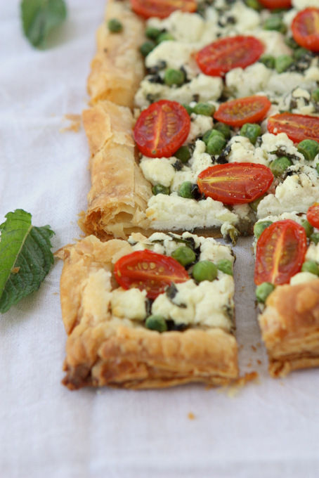 Spring Mint Goat Cheese Puff Pastry Tart | thekitchenpaper.com