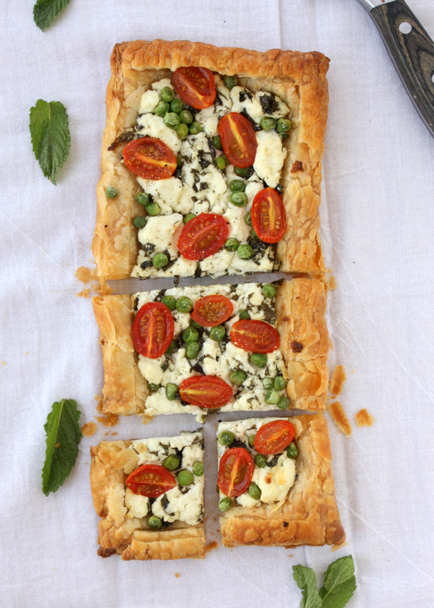 Spring Mint Goat Cheese Puff Pastry Tart | thekitchenpaper.com