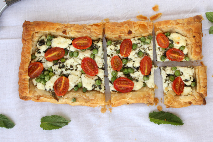 Spring Mint Goat Cheese Puff Pastry Tart | thekitchenpaper.com