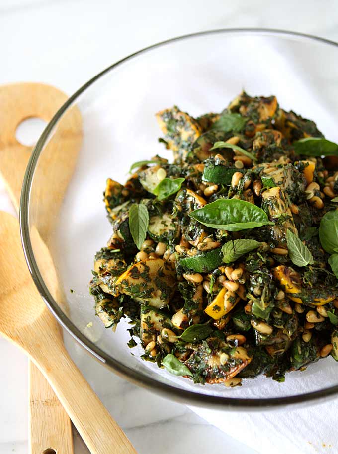 Blackened Summer Squash Salad with Pine Nuts, Basil, and Mint | thekitchenpaper.com