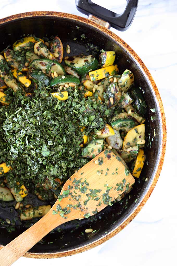 Blackened Summer Squash Salad with Pine Nuts, Basil, and Mint | thekitchenpaper.com