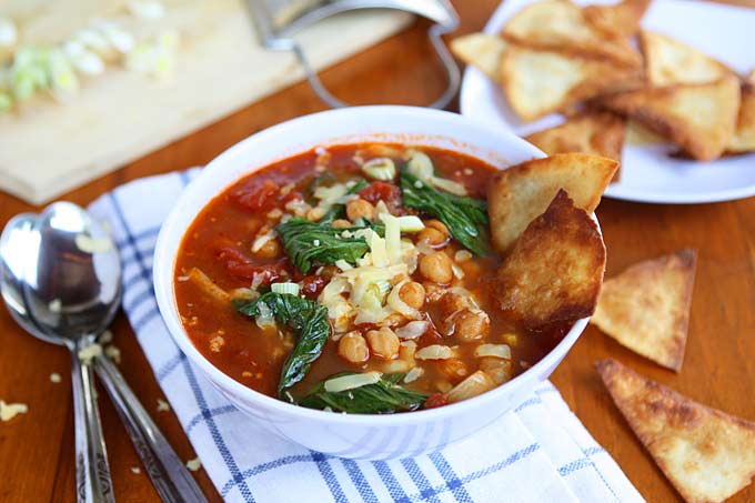 Bok Choy, Chickpea, Tomato Stew with Homemade Tortilla Chips and Gouda | thekitchenpaper.com