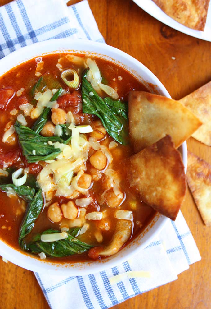 Bok Choy, Chickpea, Tomato Stew with Homemade Tortilla Chips and Gouda | thekitchenpaper.com