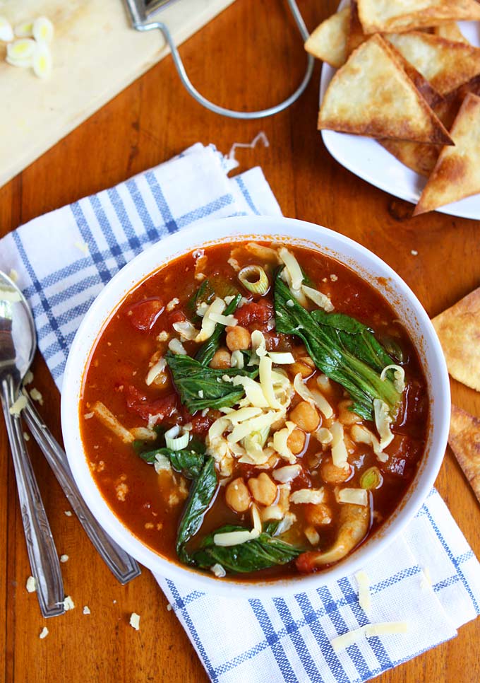 Bok Choy, Chickpea, Tomato Stew with Homemade Tortilla Chips and Gouda | thekitchenpaper.com