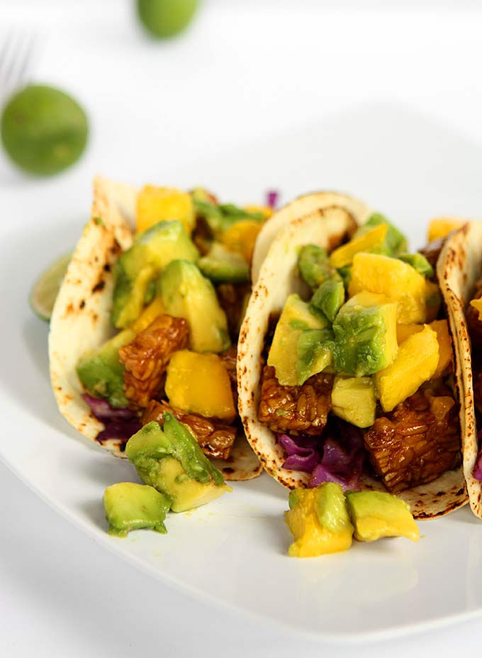 Honey Soy Tempeh Tacos with Mango Avocado Salsa | thekitchenpaper.com