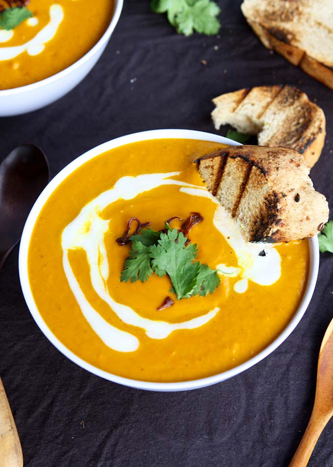 Pumpkin Turmeric Soup with Crispy Shallots and Grilled Bread | thekitchenpaper.com