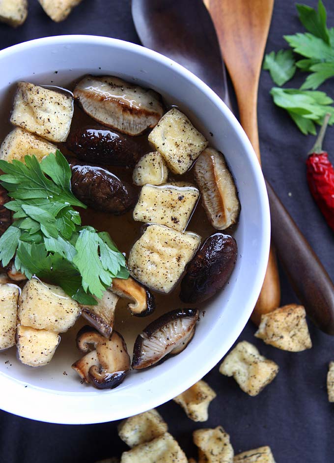 Black Pepper Tofu and Shiitake Mushroom Soup with Ginger Lemongrass Broth | thekitchenpaper.com