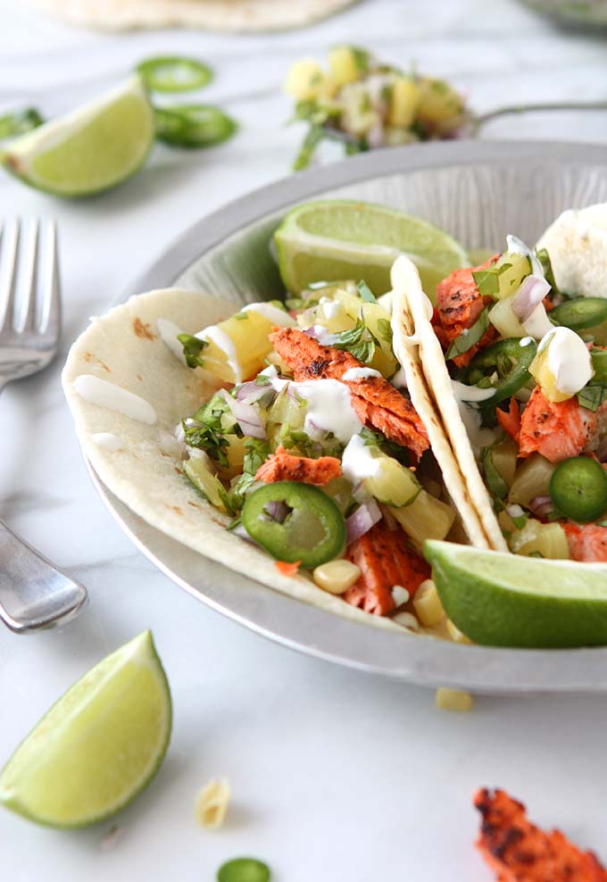 Chili-Lime Salmon Tacos with Pineapple-Basil Salsa | thekitchenpaper.com