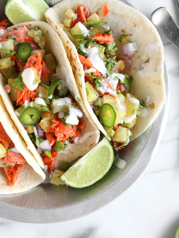 Chili-Lime Salmon Tacos with Pineapple-Basil Salsa | thekitchenpaper.com