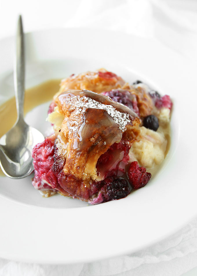 Mixed Berry Croissant Pudding with Whiskey Butter Sauce | thekitchenpaper.com