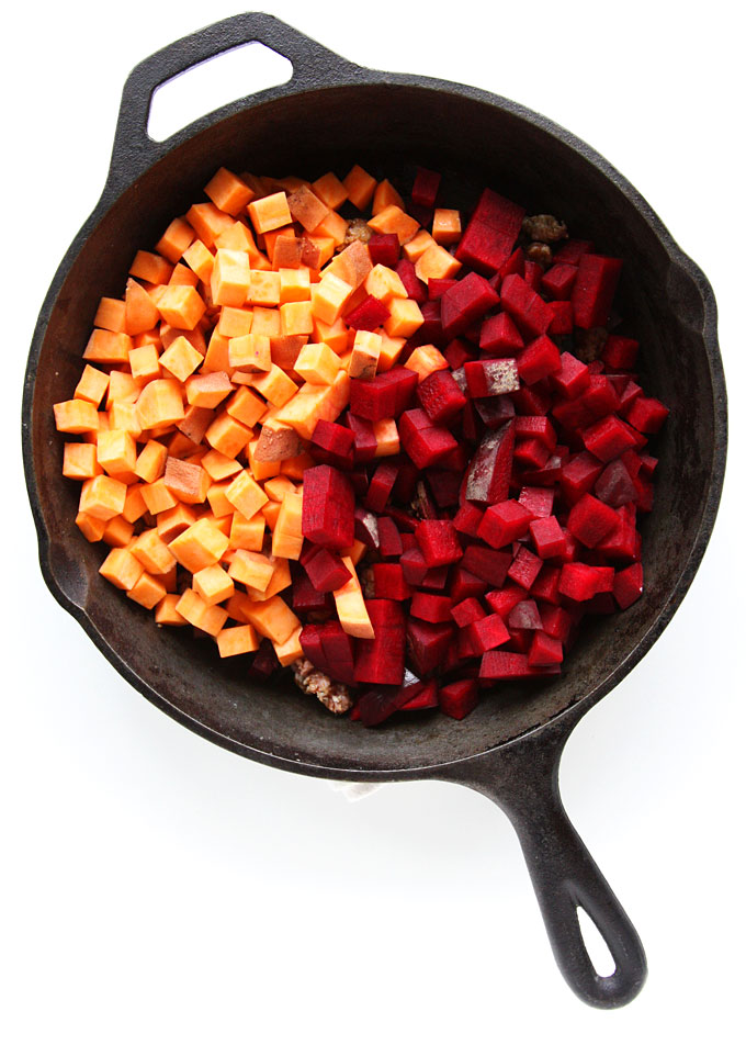 Chorizo, Beet, Sweet Potato, Kale Hash | thekitchenpaper.com