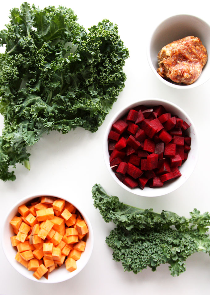 Chorizo, Beet, Sweet Potato, Kale Hash | thekitchenpaper.com