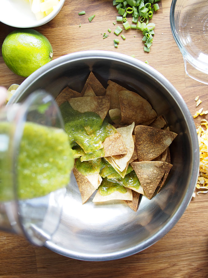 Green Chile Pineapple Black Bean Chilaquiles for One | thekitchenpaper.com