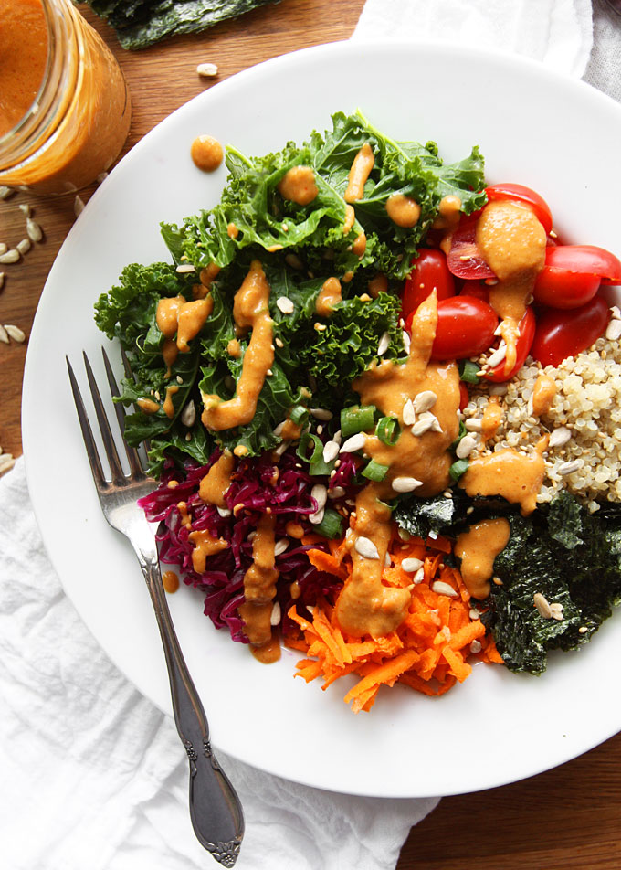 Vegan Kale Quinoa Bowl with Peanut Dressing | thekitchenpaper.com