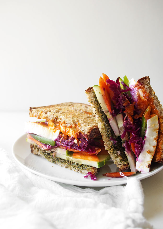 Pesto Mozzarella Sauerkraut Veggie Sandwich | thekitchenpaper.com