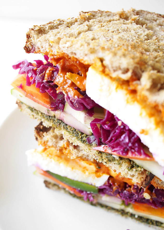 Pesto Mozzarella Sauerkraut Veggie Sandwich | thekitchenpaper.com