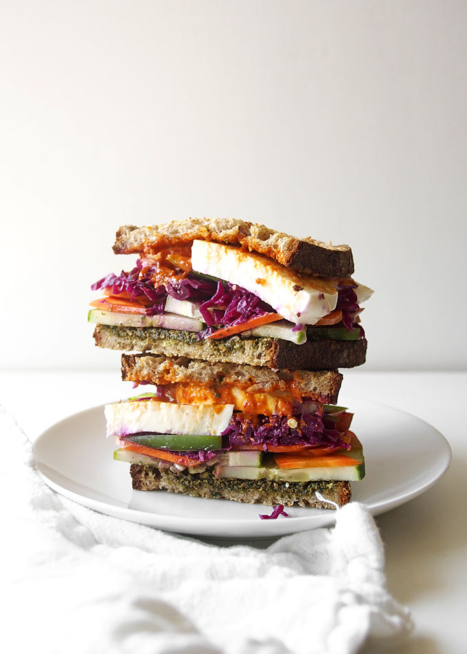 Pesto Mozzarella Sauerkraut Veggie Sandwich | thekitchenpaper.com