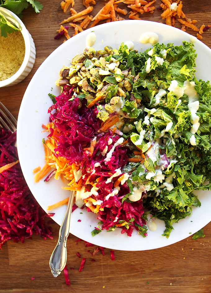 Vegan Bowl with Sauerkraut, Pistachios, and Jalapeño Garlic Tahini Sauce | thekitchenpaper.com