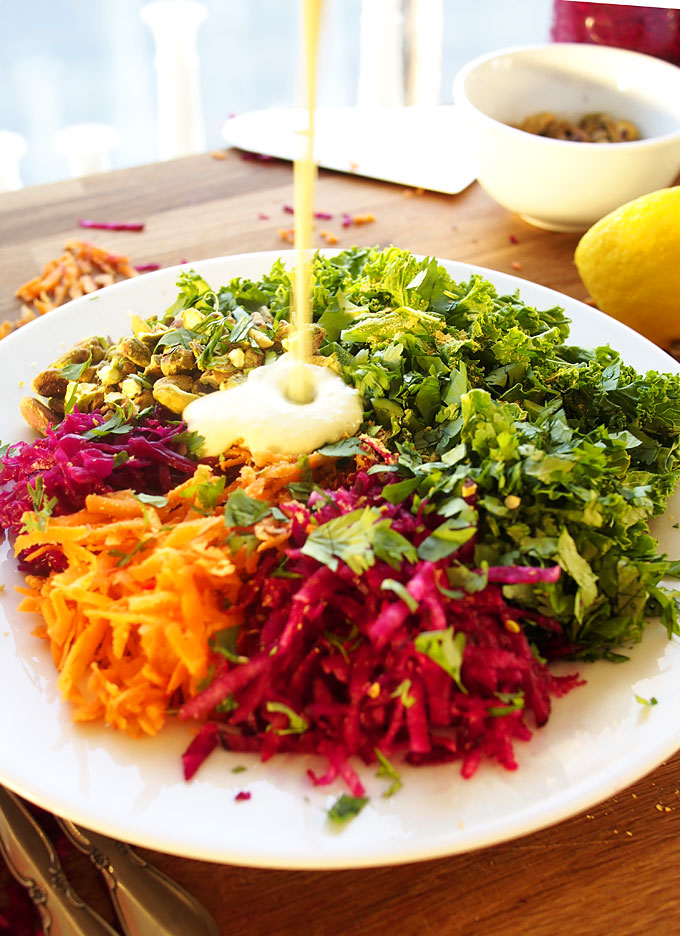 Vegan Bowl with Sauerkraut, Pistachios, and Jalapeño Garlic Tahini Sauce | thekitchenpaper.com