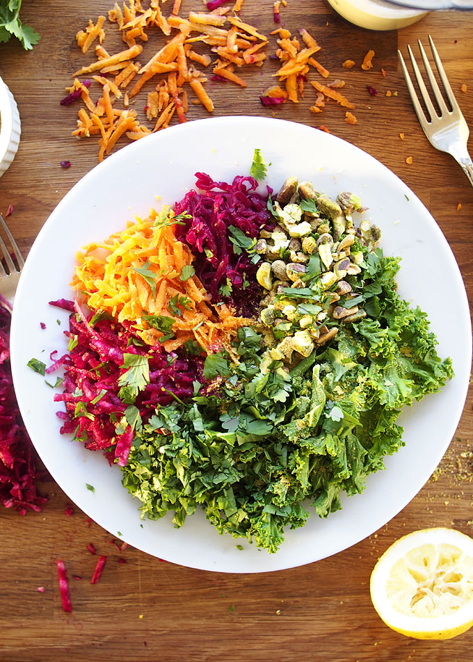 Vegan Bowl with Sauerkraut, Pistachios, and Jalapeño Garlic Tahini Sauce | thekitchenpaper.com