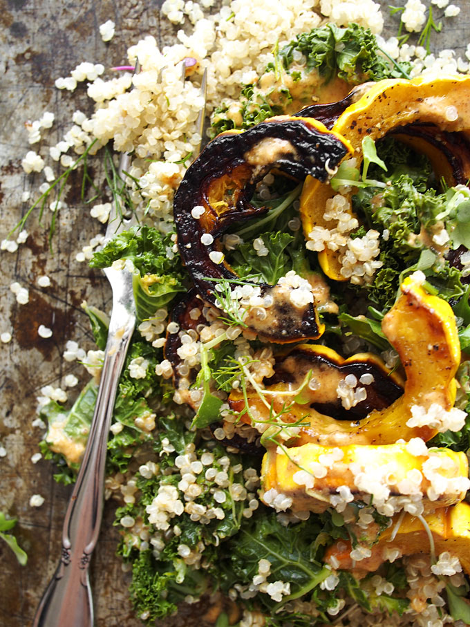 Kale, Delicata, Dill Quinoa Salad with Spicy Almond Butter Dressing | thekitchenpaper.com