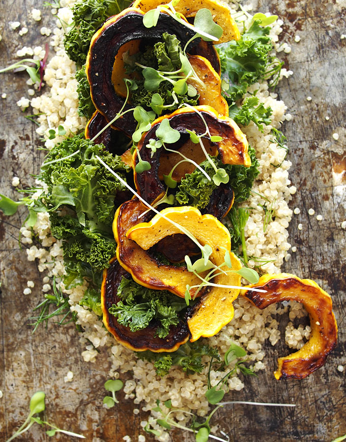 Kale, Delicata, Dill Quinoa Salad with Spicy Almond Butter Dressing | thekitchenpaper.com