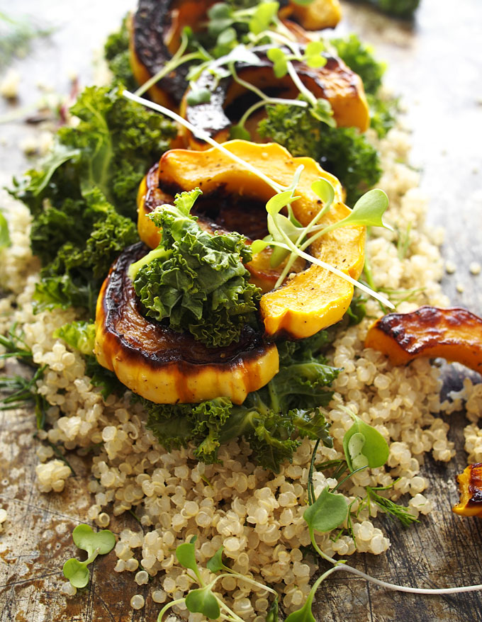 Kale, Delicata, Dill Quinoa Salad with Spicy Almond Butter Dressing | thekitchenpaper.com