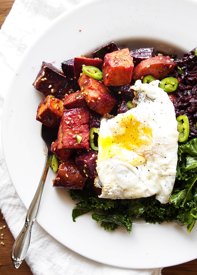 Sesame Roasted Roots with Balsamic Massaged Kale | thekitchenpaper.com