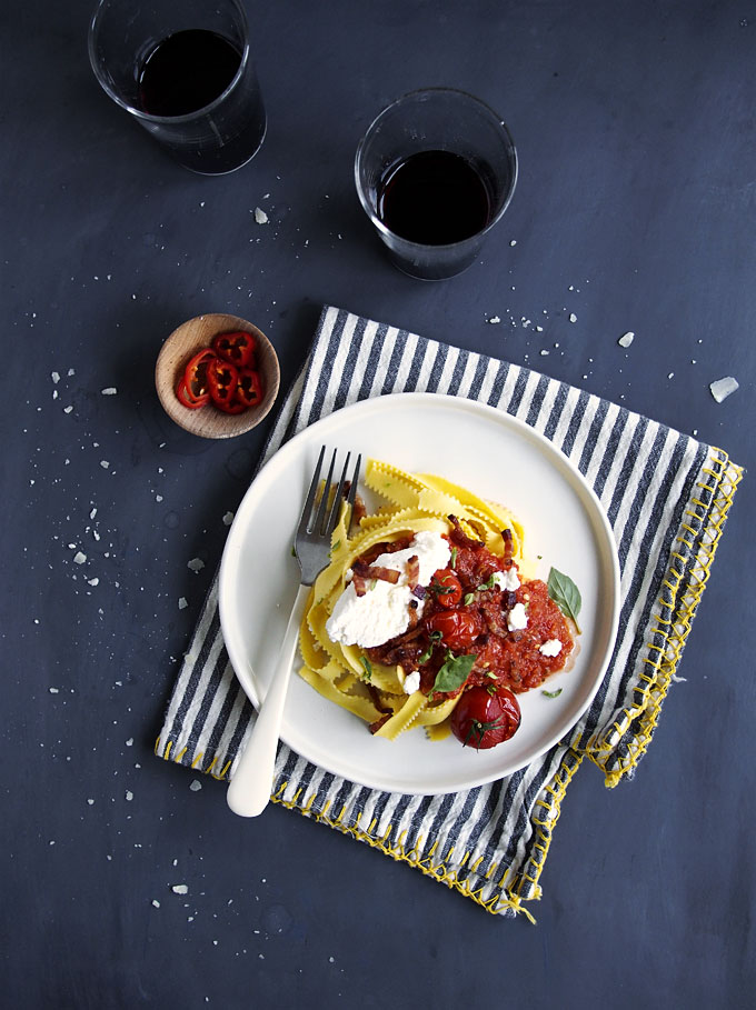 Spicy Fresh Chile, Tomato, & Bacon Pasta with Ricotta | thekitchenpaper.com