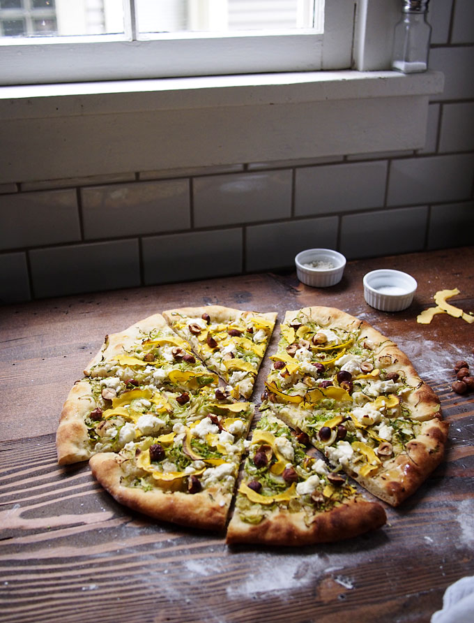 Brussels Sprout & Delicata Pizza with Hazelnuts, Goat Cheese, and Honey | The Kitchen Paper