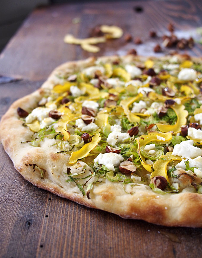 Brussels Sprout & Delicata Pizza with Hazelnuts, Goat Cheese, and Honey | The Kitchen Paper