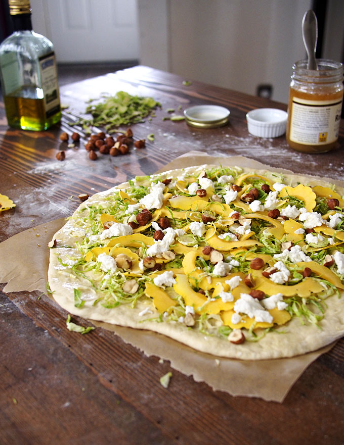 Brussels Sprout & Delicata Pizza with Hazelnuts, Goat Cheese, and Honey | The Kitchen Paper