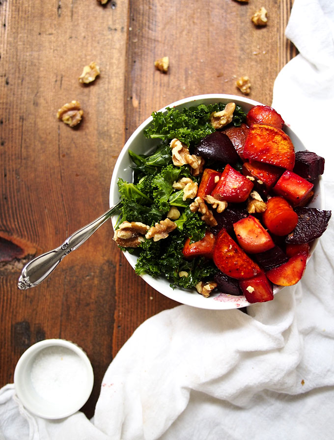 Maple Roasted Root Vegetables with Kale & Walnuts | thekitchenpaper.com