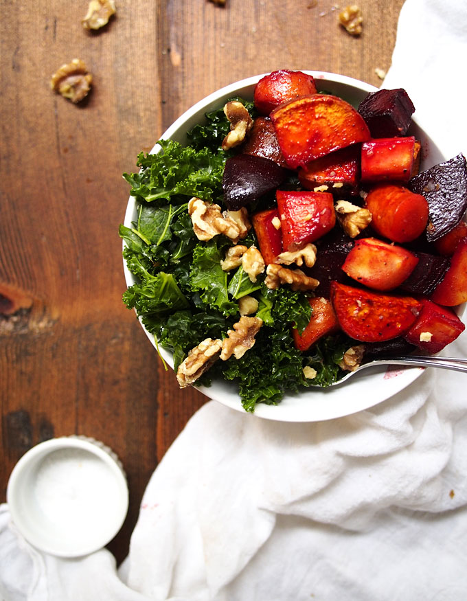 Maple Roasted Root Vegetables with Kale & Walnuts | thekitchenpaper.com