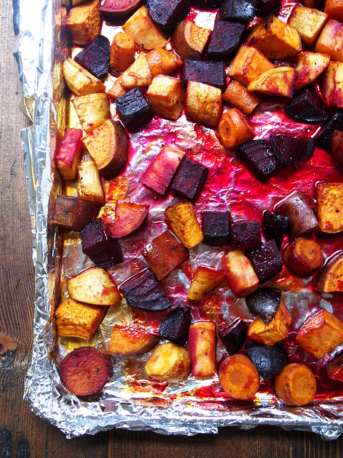 Maple Roasted Root Vegetables with Kale & Walnuts | thekitchenpaper.com