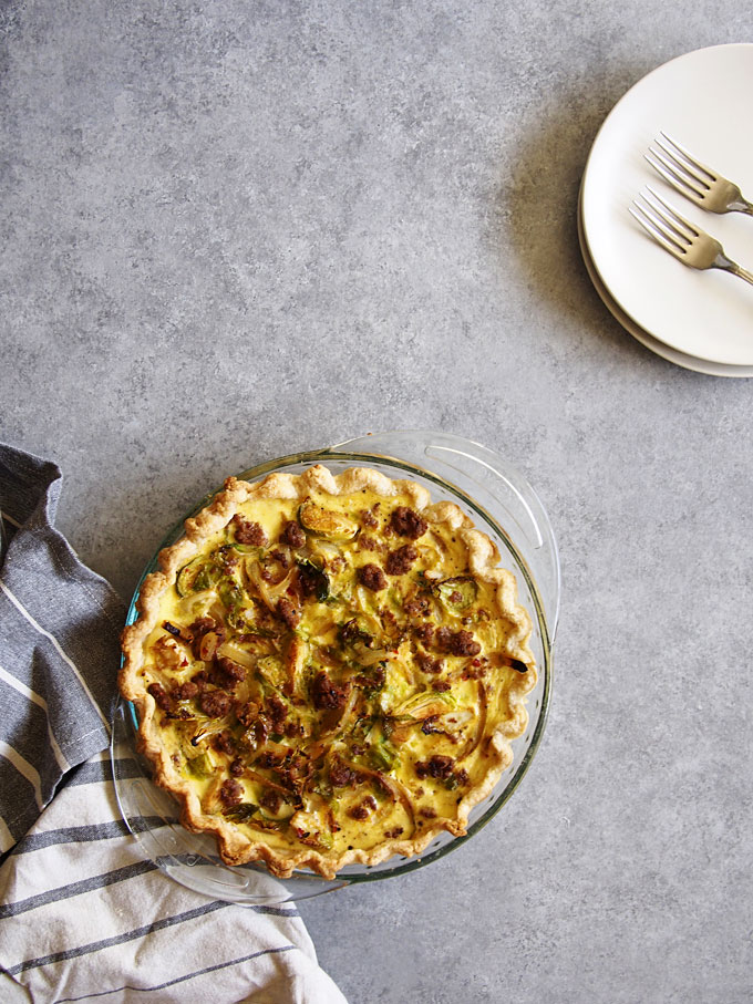 Brussels Sprouts and Spicy Sausage Ricotta Quiche | the kitchen paper