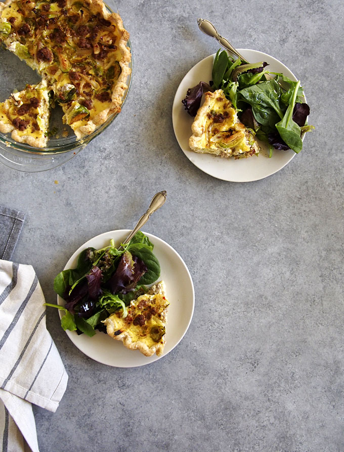 Brussels Sprouts and Spicy Sausage Ricotta Quiche | the kitchen paper